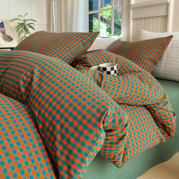 LifeTB Twin XL Comforter Set Orange Green Gingham Comforter with 2 Pillowcases Modern Style Grid Plaid Comforter Set Fluffy Soft Lightweight Gingham Bedding Set Fluffy Checkered Comforter Twin XL