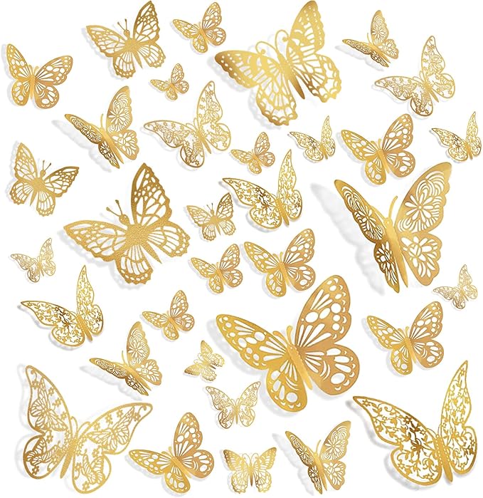144 Pcs Gold Butterfly Wall Decor, 3D Butterfly Stickers 6 Styles and 3 Sizes, Removable Mural Stickers Metallic Butterflies Decorations for Walls