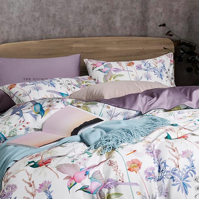 mixinni Queen Size Duvet Cover Purple Flowers Bird Bedding Sets Shabby Chic Boho Long-Staple Cotton Duvet Cover Set with Zipper Ties 1 Duvet Cover+2 Pillowcases, Ultra Soft, Breathable-Queen Size