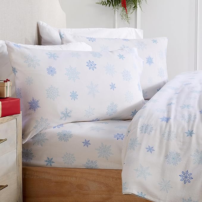 Market & Place 100% Turkish Cotton Flannel Sheet Set | 4 Piece Deep Pocket Novelty Cozy Winter Bed Sheets | Double Brushed for Extra Softness & Comfort | Alpine Collection (King, Blue Snowflake)