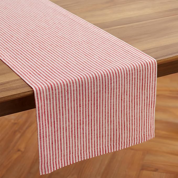 Solino Home Linen Table Runner 156 Inches Long - Narrow Stripe, 100% Pure Linen Red and White Table Runner 14 x 156 Inch for Dining, Valentines, Spring, Easter