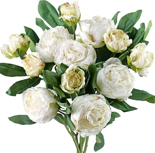 FiveSeasonStuff Vintage White Peonies – Realistic Artificial Silk Flowers with Dry-Look Petals, 6 Stems for Rustic Home & Wedding Bridesmaids Bouquet Bridal Showers