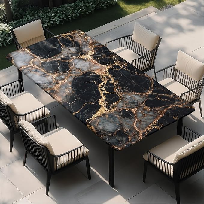 Rectangle Table Cloth Cover Waterproof Elastic Fitted Polyester Fitted Tablecloths for 4 Foot Tables for Indoor,Picnic, Camping, Outdoor （48" x 24"，Black Marble）