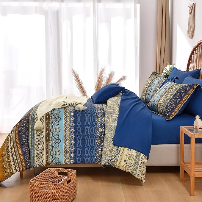 Cottolester Boho King Comforter Set 8 Pieces,Brown Blue Bohemian Comforter Paisley Striped Bed in A Bag,Soft Microfiber Bedding Set for All Season