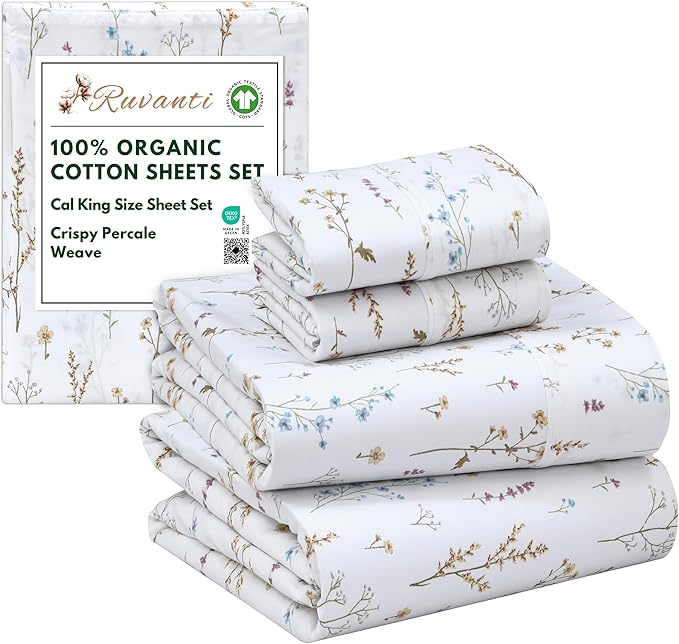 RUVANTI 100% Organic Cotton Sheets California King, Percale Weave, GOTS Certified, 4-Piece Set, Deep Pocket 13", Crisp & Breathable, Soft Durable Bedding, Sábanas Algodón Orgánico – Field Flower