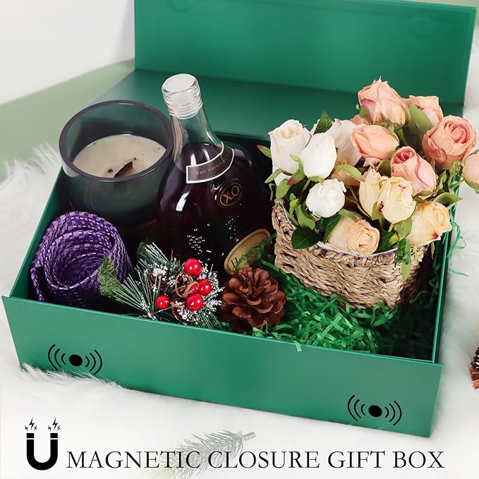 Green Christmas Gift Box with Magnetic Lids 13.8x8.3x4.4 in, Bridesmaid Groomsman Proposal Box, Large Rectangle Storage Box 1 Pack