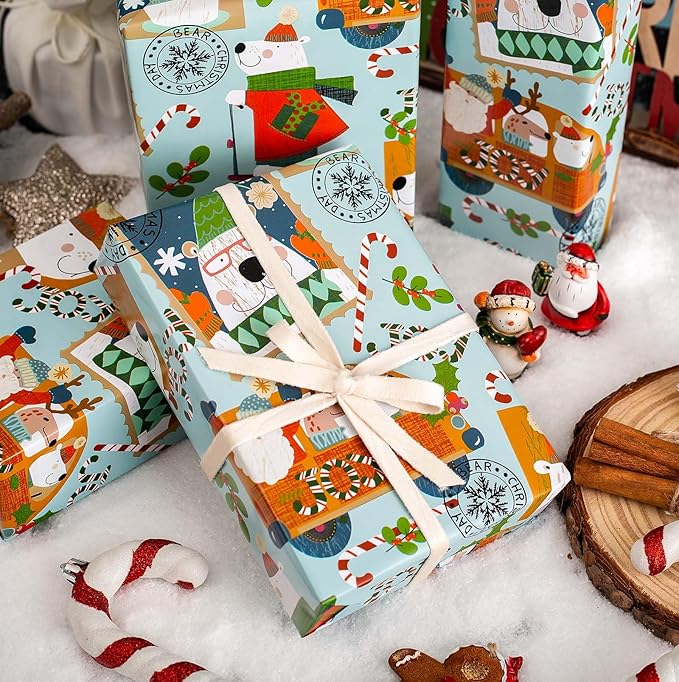 MAYPLUSS Christmas Metallic Foil Shine Gift Wrapping Paper - 17 Inch X 33 Feet - Cute Polar Bear on Scooter, Snowman, Candy Cane and Deer Pattern Gift Wrap Present Paper Roll for Winter, Holiday