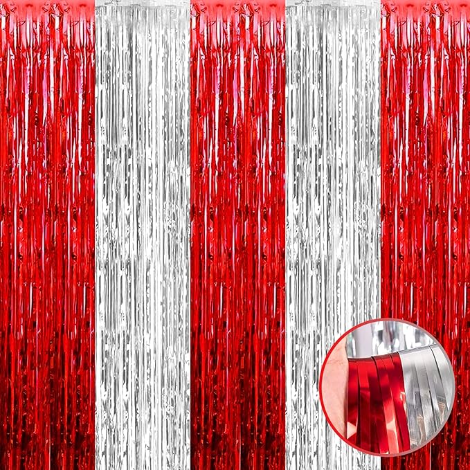 4 Pack Foil Fringe Curtain Backdrop, 3.28Ft x 8.2Ft Metallic Tinsel Foil Fringe Streamers Curtains for Photo Booth, Wedding, Circus Welcome Carnival Birthday Party Decoration Silver Red
