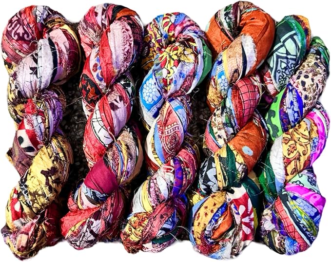 Maker's Craft Pattern Printed Sari Silk Ribbon Yarn 50 Yards, 100Grams for DIY, Knitting, Crocheting, Gift Wrapping, Christmas Decoration, Macrame Makers, Jewelry Making, Rugs Hooking