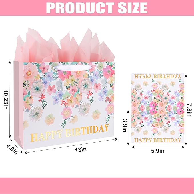 ASYEHJNR 13" Large Size Happy Birthday Gift Bag Floral Flower Pattern with Metallic Gold Happy Birthday Sign Vintage Gift Bag with Greeting Card and Tissue Paper for Girls Women