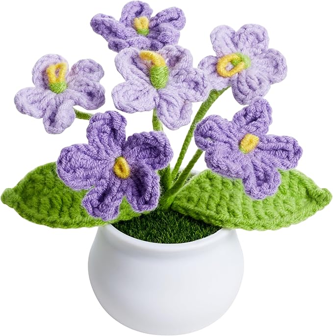 Gradient Purple Crochet Flowers Cute Handmade Knitted Potted Flower Plants for Teacher Women Birthday Anniversary Valentines Decor for Car Home Room Office Desk Accessories
