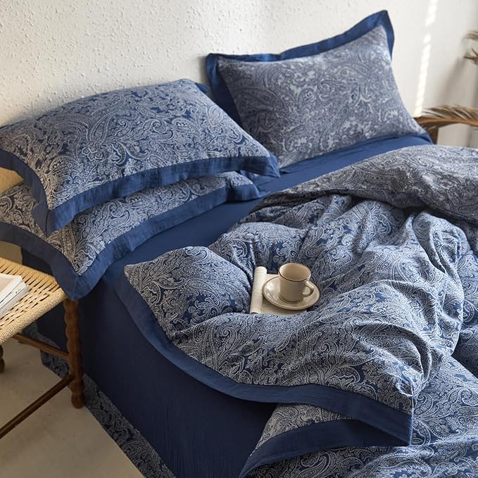 Vintage Navy Blue Duvet Cover Set King Paisley Print Duvet Cover Yarn-Dyed Cotton Jacquard Bedding Comforter Cover Boho Flower Paisley Bedding Set Farmhouse Style Breathable Duvet Cover for Men Women