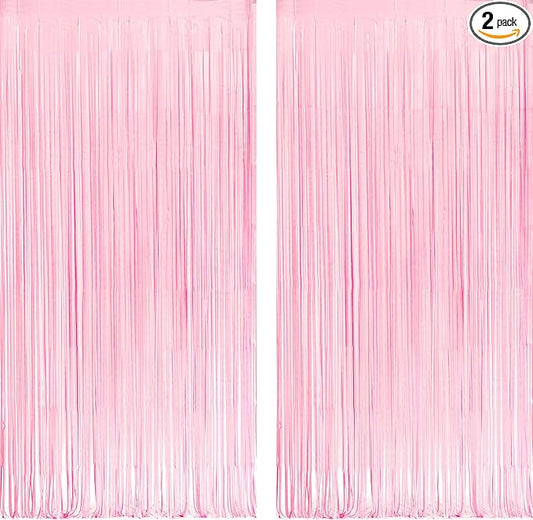 Pastel Pink Party Backdrop Decoration - GREATRIL Baby Pink Foil Fringe Streamers for Baby/Boo Day/Valentines/Cowgirl/Sweet/Cloud/Unicorn/Princess/Bow Themed - 3.2ft X 8.2ft - 2 Packs