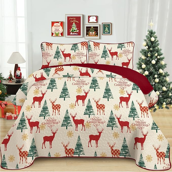 Dinjoy Red Beige Quilt Set King Size,Christmas Quilt Bedding Set Soft Bedspreads with 2 Pillowshams Lightweight Snowflake Xmas Gifts Wildlife Bed Coverlet for Kids Teens Adults 90" x 104"