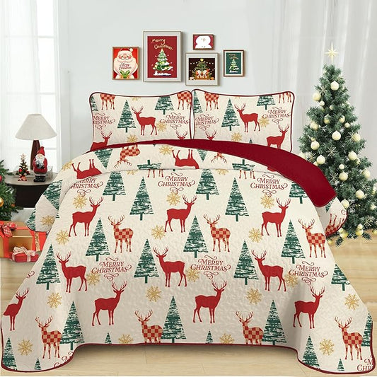 Dinjoy Red Beige Quilt Set King Size,Christmas Quilt Bedding Set Soft Bedspreads with 2 Pillowshams Lightweight Snowflake Xmas Gifts Wildlife Bed Coverlet for Kids Teens Adults 90" x 104"