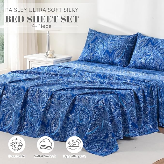 Bedlifes California King Sheet Set Ultra Soft, Breathable, Silky Flower Deep Pocket 100% Microfiber Bedding, 4 Piece Cal King Size Paisley Dark Navy Blue
