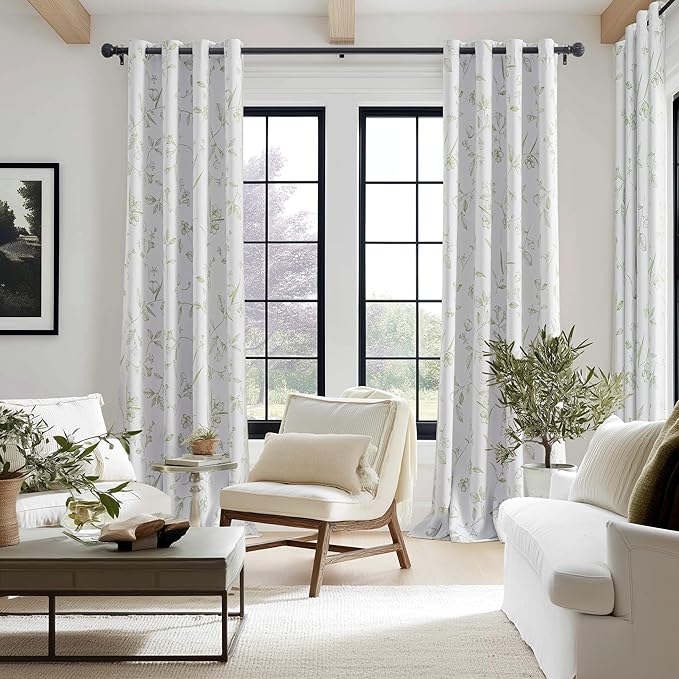 ChrisDowa 100% Blackout Floral Curtains 63 Inches Long 2 Panels for Bedroom Living Room Sage Green Flower Patterned Room Darkening Thermal Insulated Soundproof Grommet Window Treatments Drapes,52X63
