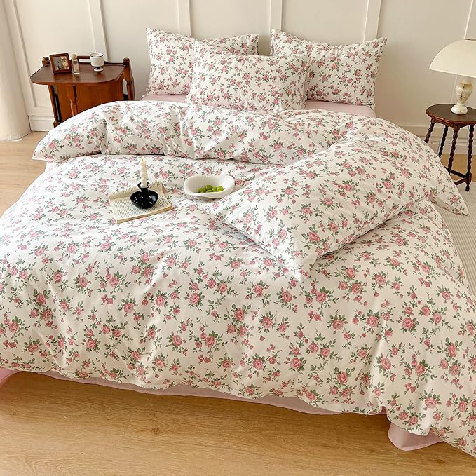 Girls Floral Duvet Cover Twin Pink White Floral Bedding Set Vintage Rose Flower Printed Duvet Cover Cotton Floral Comforter Cover Botanical Aesthetic Bedding Set 1 Twin Duvet Cover with 2 Pillowcases