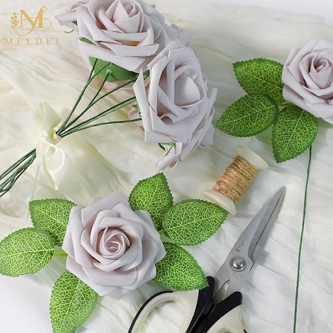 Meldel Artificial Flowers 50pcs Real Looking Dusty Violet Pale Lavender Foam Fake Roses with Stems for DIY Wedding Bouquets Bridal Shower Centerpieces Floral Arrangements Home Decorations Bulk Rose