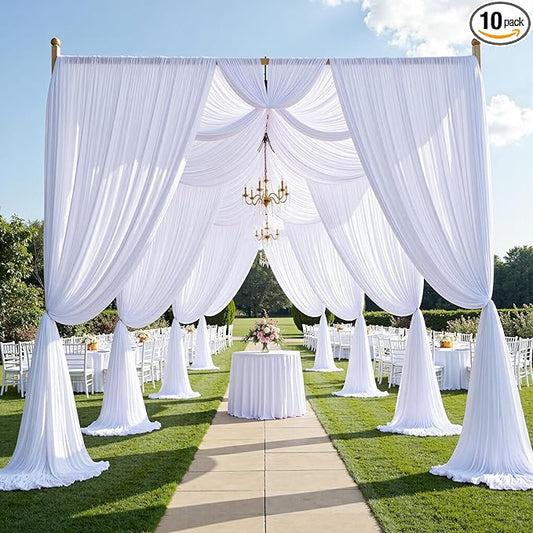 PartyVillage 50ft×15ft White Backdrop Curtain for Wedding Parties, 10 Panels Wrinkle Free 15 FT Long Polyester Photo Backdrop Drapes Back Drop Cloth for Birthday Photography Background