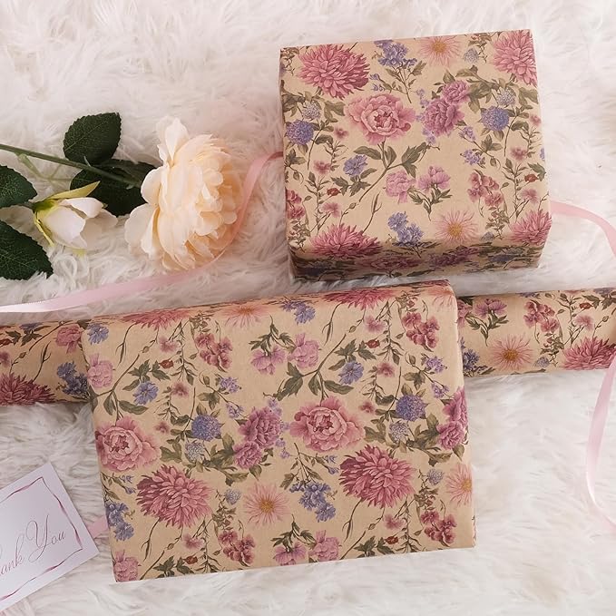 RayofSun Kraft Floral Wrapping Paper Roll 17 in x 16.5 ft Mini Roll Vintage Wildflower Pink Flower Gift Wrap Paper for All Occasion Wedding Birthday Bridal Shower Party Wrapping Supplies