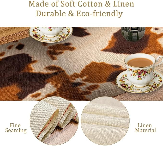 Cow Print Table Runner, Brown Cowhide Print Western Style Table Runner Country Farmhouse Cottage Cow Patten Table Decoration for Home Kitchen Dining, 13x70 Inch