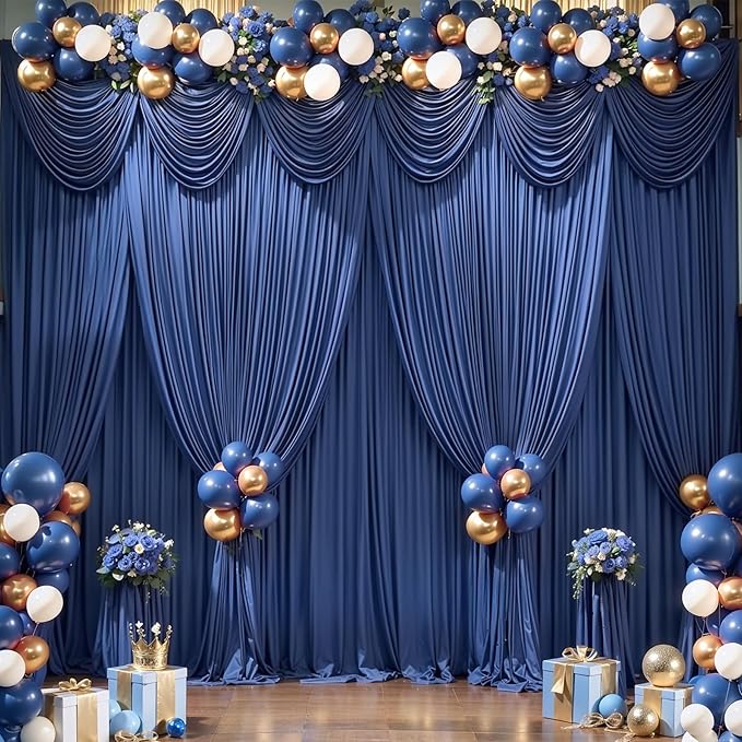 Navy Blue Backdrop Curtains-Wrinkle-Free Navy Blue Curtains Polyester Photography Drapes Wedding Background for Baby Shower Birthday Graduation Party Decorations - 40 X10FT