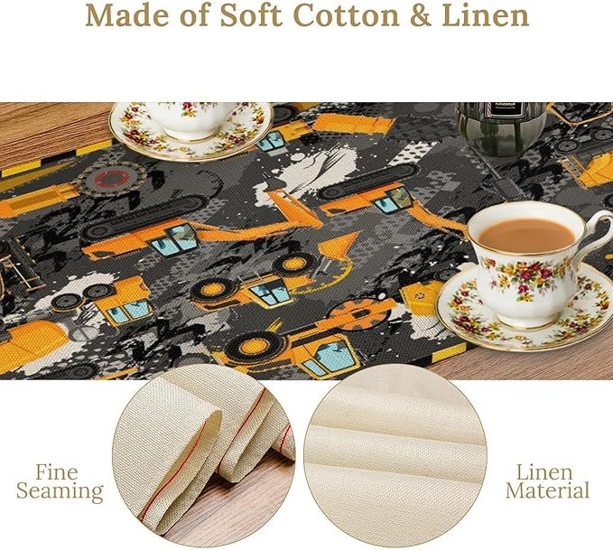 Cartoon Car Table Runner,Boy Kids Construction Yellow Tractor Excavator Tablecloth Burlap for Hotel Indoors Outdoor Dining Room Kitchen Home Decor,W13X L60 in