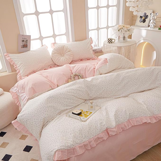 Pink Flower Duvet Cover Twin XL 3 Pieces Ruffle Floral Duvet Cover Girls Cottagecore Bedding Set Soft 100% Cotton Floral Lace Comforter Cover Vintage Botanical Flower Bedding Cover with Zipper Closure