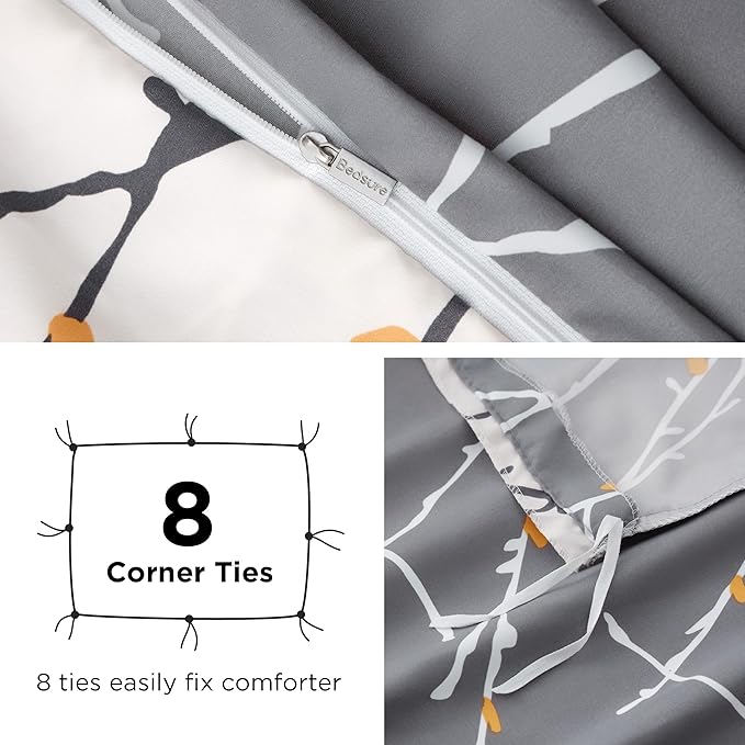 Bedsure Duvet Cover King Size - Reversible Tree Branch Duvet Cover Set with Zipper Closure, 3 Pieces Grey Bedding Set with 8 Corner Ties and 2 Pillow Shams 20"x36"