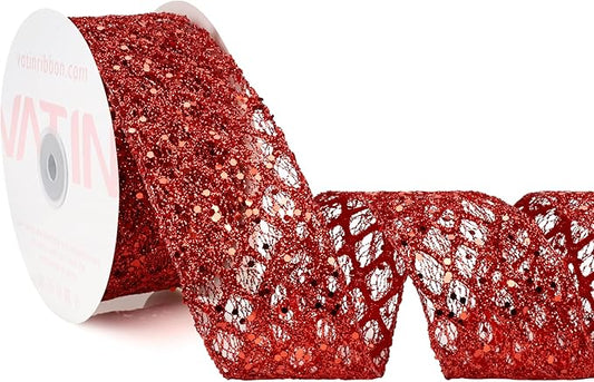 VATIN 2-1/2" Red Christmas Ribbon, Red Glitter Mesh Diamond Web Sequin Dots Wired Christmas Ribbon for Gift Wrapping Bow Making Wreath Supply-10 Yards