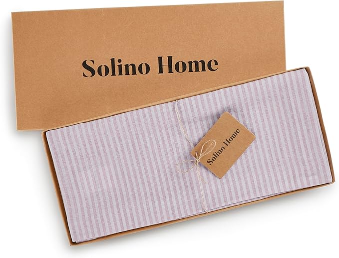 Solino Home Linen Table Runner 144 Inches Long - Narrow Stripe, 100% Pure Linen Pink and White Table Runner 14 x 144 Inch for Dining, Valentines, Spring, Easter