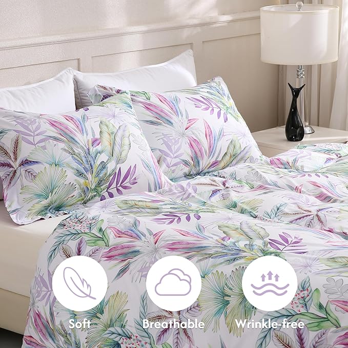 LONAVA Queen Botaincal 3 Pcs Duvet Cover Set, Breathable Soft Microfiber Lavender Lining Comforter Cover with Zipper Closure, and 2 Anti-Pilling, Fade Resistant Pillowcases, Tropical