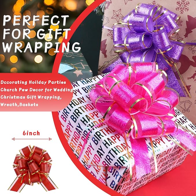 12 Pieces Mixed Color Pull Bow Wrapping Pull Bow Ribbon Pull Bows for Wedding Baskets,6 Inches Diameter Gift Bows, Large Bows for Presents (Style3, 12Pcs)