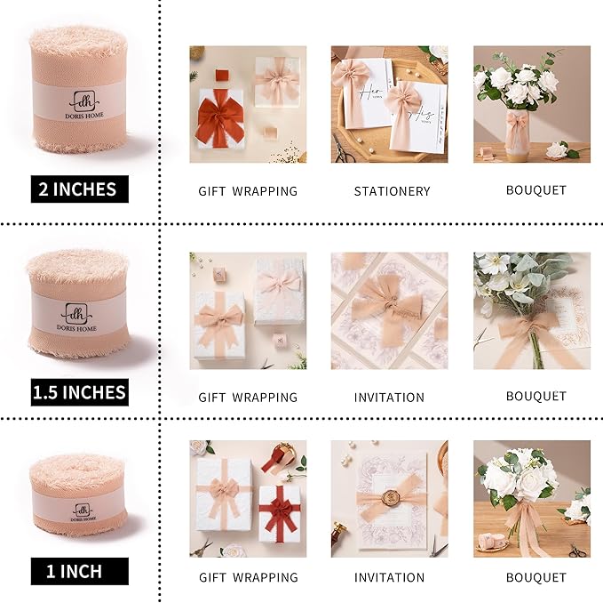DORIS HOME Nude Pink Chiffon Ribbon for Flower Bouquet, 1" x21Yd Fabric Ribbon for Gift Wrapping, Handmade Frayed Ribbon for Wedding Invitations/Christmas Decorations
