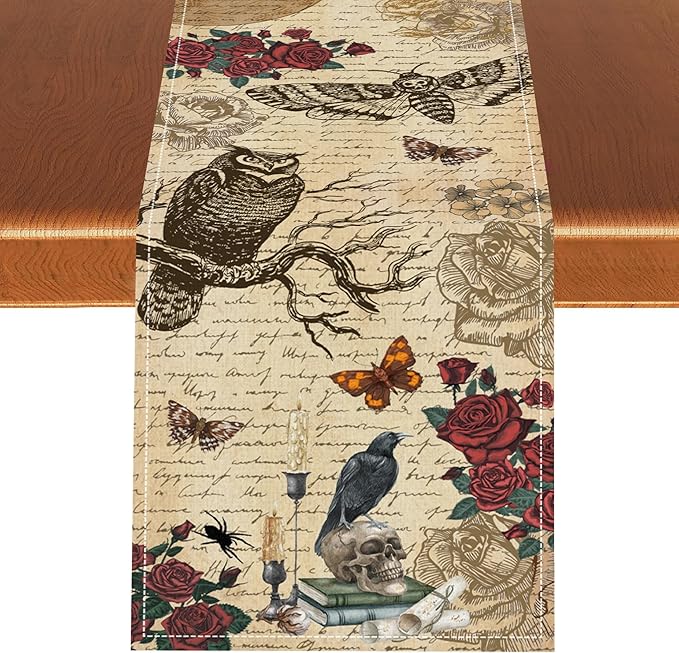 Gothic Floral Table Runner, Retro Dark Skull Moth Vintage Flower Halloween Day of Death Witchy Coffee Table Center Decor for Home Kitchen Dining Patio Holiday Party Table Decorations 13x36 inches