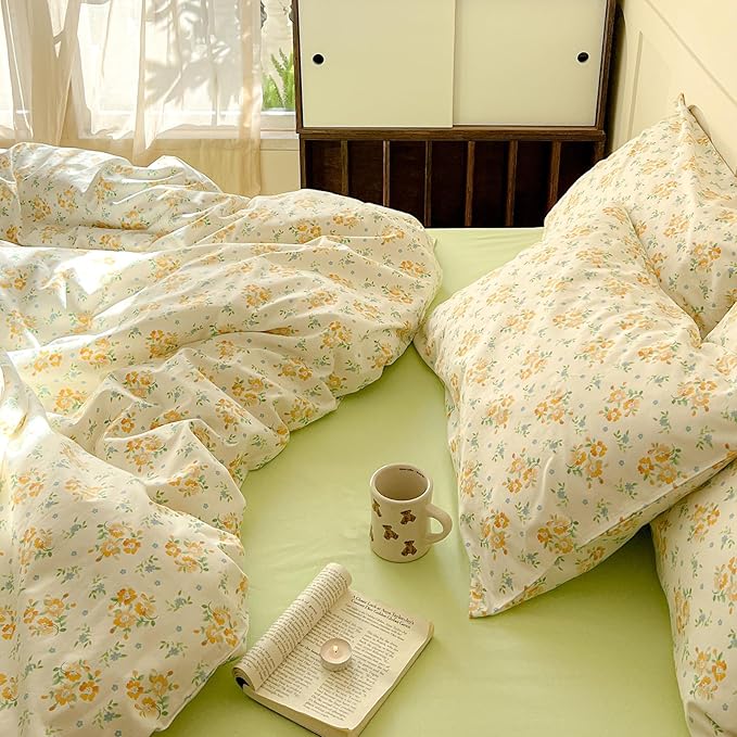 EAVD Chic Shabby Small Yellow Floral Duvet Cover Queen Soft 100% Cotton Garden Floral Bedding Set with 2 Pillowcases Reversible Floral Cottagecore Bedding Set with Zipper Closure