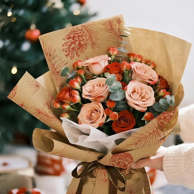 LeZakaa 20 Sheets Kraft Christmas Flower Wrapping Paper, Red Pinecone and Branches on Kraft Floral Bouquet Paper Gift Wrap for Christmas Party Packaging, Winter Woodland-themed Holiday decor