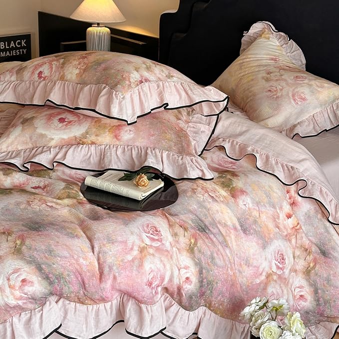 HighBuy Pink Floral Duvet Cover Twin XL Ruffle Lace Design,Premium Linen Cotton Yarn-Dyed Textured Coquette Rose Floral Comforter Cover Set for College,Farmhouse Bedding Set with 2 Pillowcases