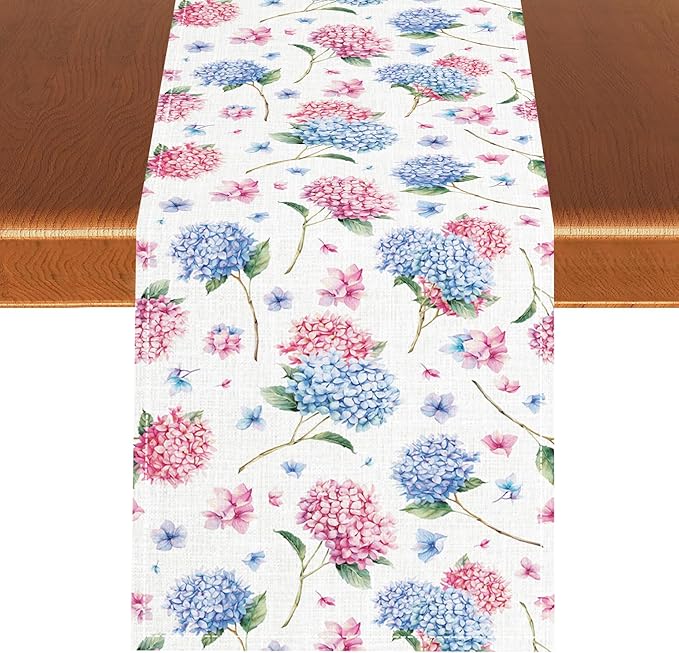 Hydrangea Table Runner, Spring Summer Watercolor Blue Floral Seasonal Country Farmhouse Coffee Table Center Decor for Home Kitchen Dining Patio Holiday Party Table Decorations 13x36 inches