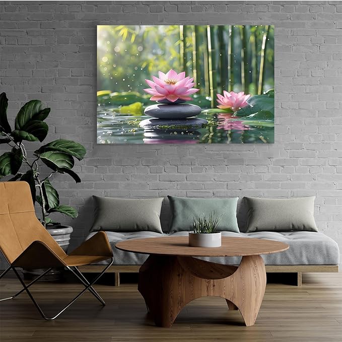 Ethereal pink lotus on obsidian Sunlit bamboo forest with sparkling water drops Poetic nature inspired wall art for tranquil homes and mindful spaces 32x48in Frameless