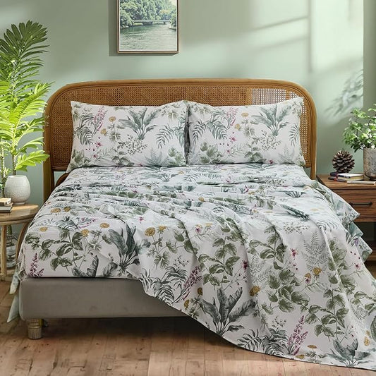 100% Cotton Sheet Set Queen Size – 4-Piece Vintage Sage Green Floral Bedding Set, Soft Breathable Percale Weave, Deep Pocket Fitted Sheet 17.5", Crisp Cool Feel, Refined Botanical Elegance
