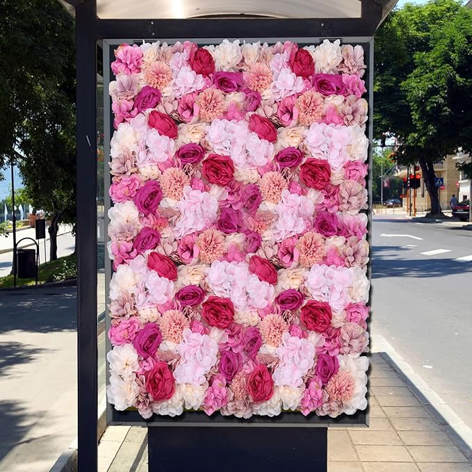 Flower Wall Backdrop, 6Pcs 23.6 X 15.7Inch Floral Wall Panel, Artificial Fuchsia Silk Rose Wall Decor Ideal for Wedding Celebrations, Festive Party Backdrops, Home Decor and Event Background Etc