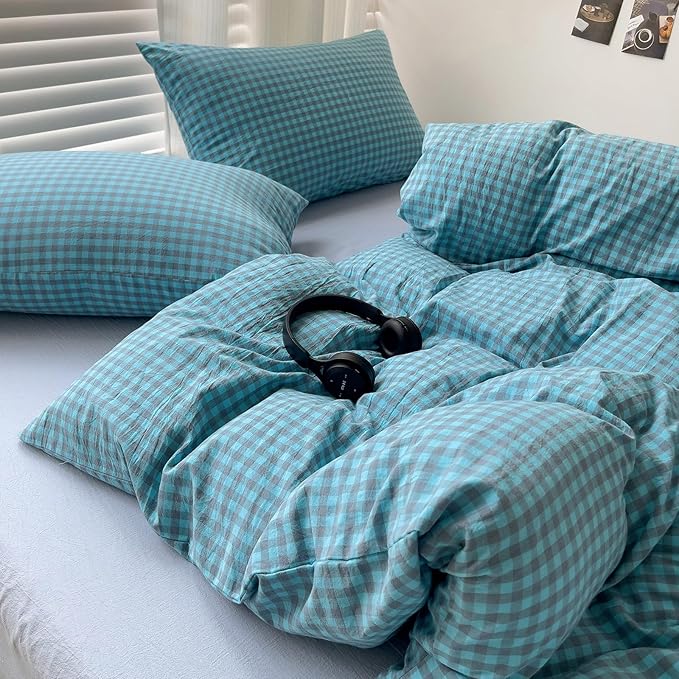 LifeTB Blue Gingham Comforter Set Full Modern Style Blue Grey Plaid Grid Comforter 3 Pieces Farmhouse Checkered Pattern Comforter with 2 Pillowcases Soft Fluffy Gingham Bedding Set Breathable
