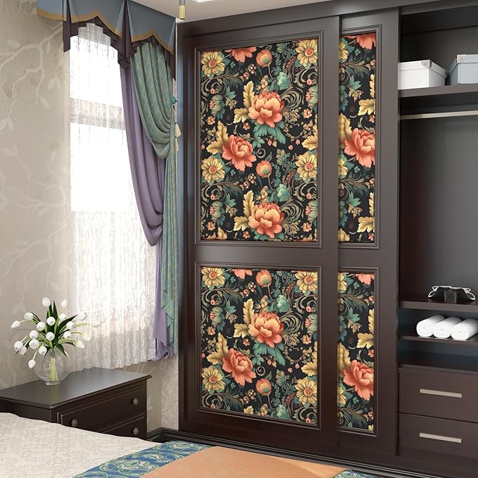 Red Colorful Floral Peel and Stick Wallpaper Vintage Contact Paper Vibrant Flower Wall Paper for Backsplash Cabinet Accent Walls Removable Renter Friendly 17.5 x 196.5In