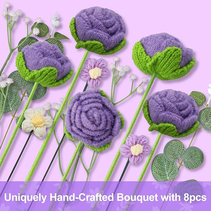 Crochet Flowers Bouquet, Handmade Knitted Rose Bouquet with Gift Bag for Home Deocor, Crocheted Finished Flower for Wedding, Mother's Day, Teachers' Day and Valentine's Day, Purple