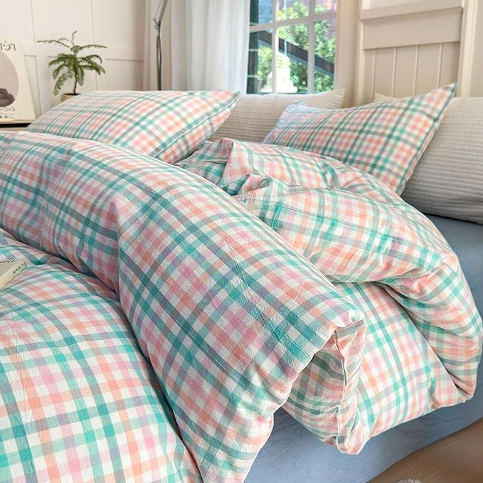 LifeTB Gingham Comforter Set King 3 Pieces Multi-Colored Grid Comforter Lightweight Checkered Plaid Comforter Set with 2 Pillowcases Fluffy Soft Grid Printed Pattern Farmhouse Gingham Bedding Set