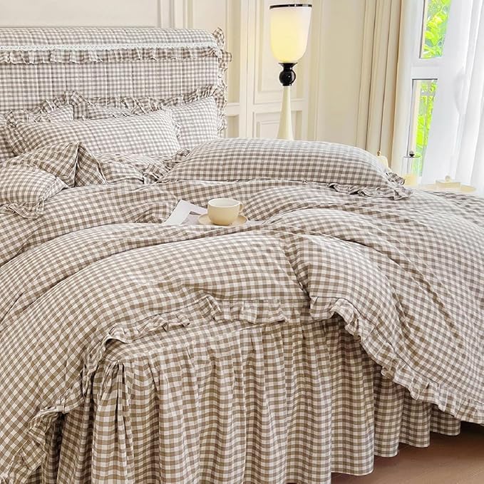 LifeTB Queen Comforter Set Tan Gingham Comforter Ruffle Beige Taupe Plaid Comforter Set 3 Pieces Fluffy Vintage Checkered Grid Bed Comforter with 2 Pillowcases Gingham Bedding Set Queen