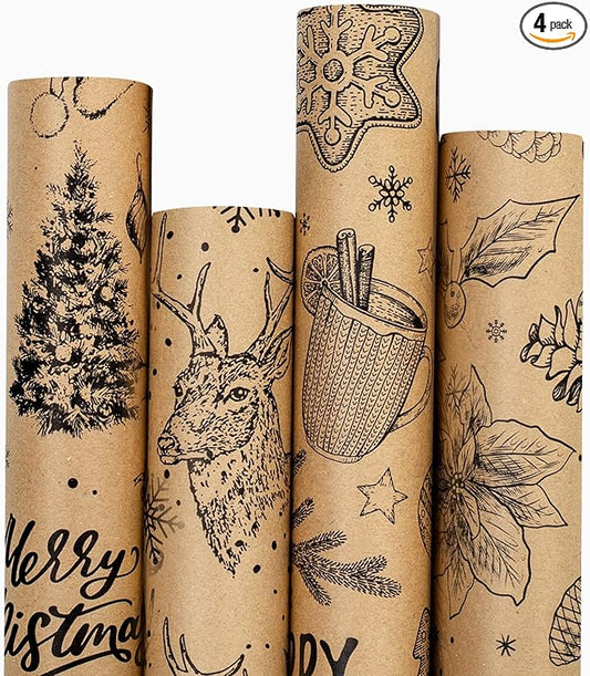 MAYPLUSS Kraft Christmas Wrapping Paper Jumbo Roll - 30 In X 120 In Per Roll - Vintage Brown Kraft Christmas Ornaments, Gingerbread Cookies, Pinecone & Deer Print Winter Gift Wrap for Rustic Holiday