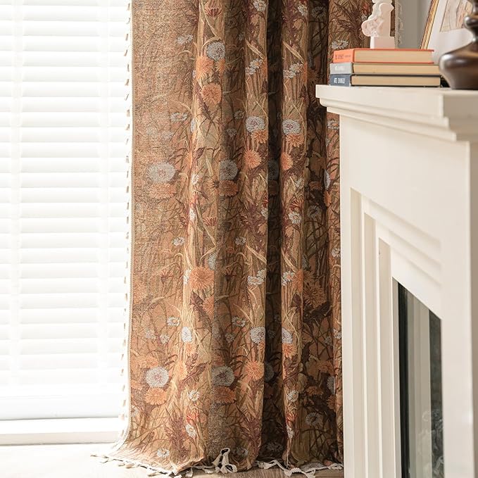 ENJOYBRIDAL Dandelion Curtains 96 Inch Long Bedroom Boho Drapes Vintage Semi Sheer Jacquard Rod Pocket Window Curtain Panels Living Room 2 Panels Decorative Tassel Farmhouse Window Treatments